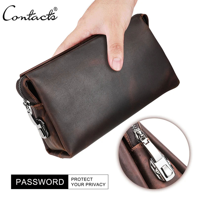 CONTACT'S Men Clutch Bag Large Capacity Password Lock Design Genuine Leather Men Wallets Cell Phone Pocket Business Long Purse