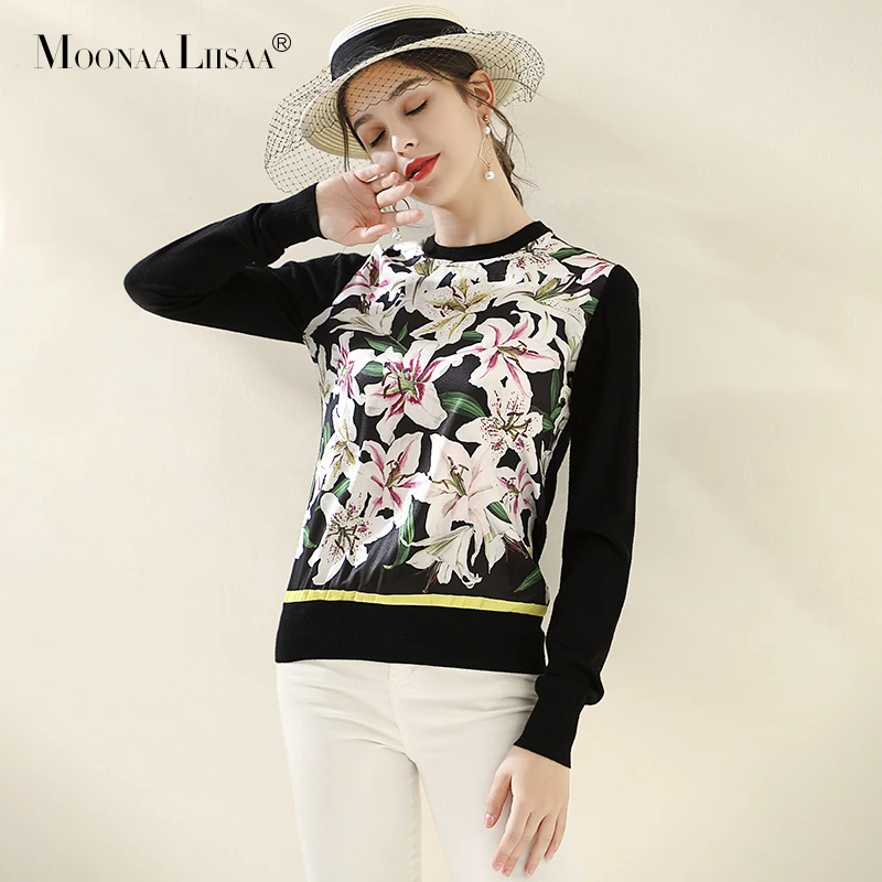 

moonaaliisaa Lily printed knit sweater 2019 autumn new European and American fashion retro versatile wool black ladies sweater