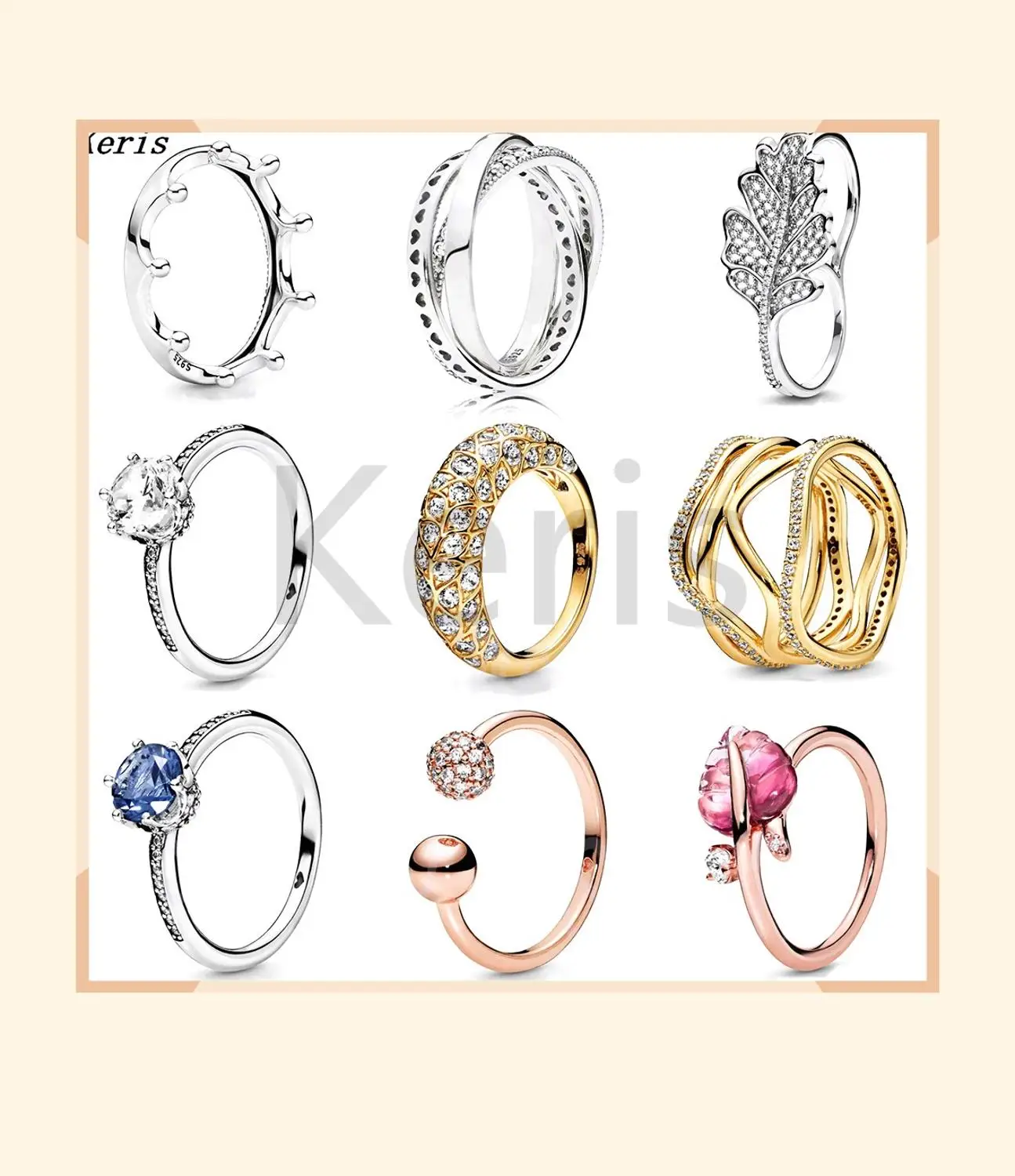 

2019 Autumn New 100% S925 Sterling Silver Ring Oak Leaf Double Ring Bright Crown Cross Line Ring Fashion Ladies Luxury Jewelry