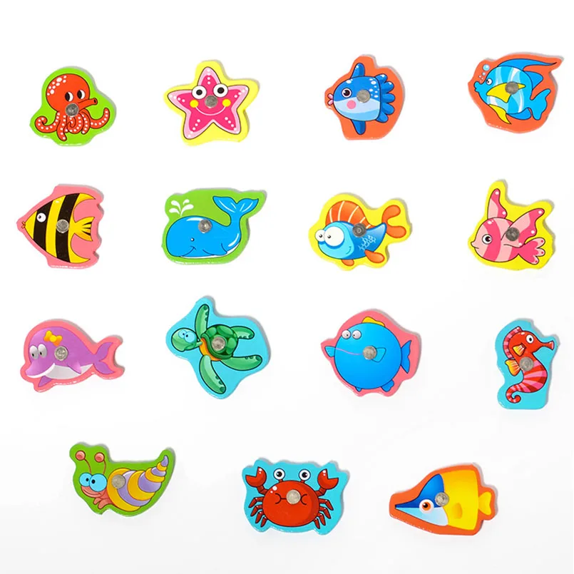 Baby Wooden Magnetic Fishing Game Toys Set Iron Box Novelty Cognition Cartoon 3D Wood Funny Undersea Fish Toy Gifts 16Pcs/set educational toys,fishing toys,fishing game