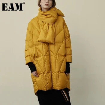 

[EAM] Loose Fit Yellow Brief Big Size Warm Down Jacket New Long Sleeve Warm Women Parkas Fashion Tide Autumn Winter 2020 1DA056