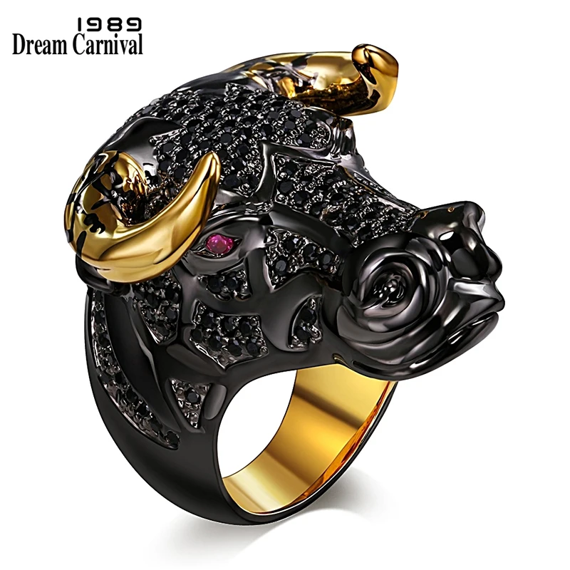DreamCarnival 1989 массивное кольцо черного быка с золотыми рожками в стиле панк хип хоп CZ - Фото №1