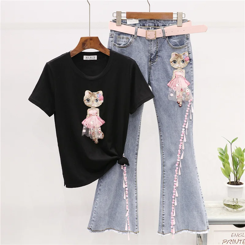 

Summer New Beading Embroidery Tee shirt + High Waist Denim Pants 2 Piece Set Women Outfits Loose T shirt Jeans Pants Suit Female