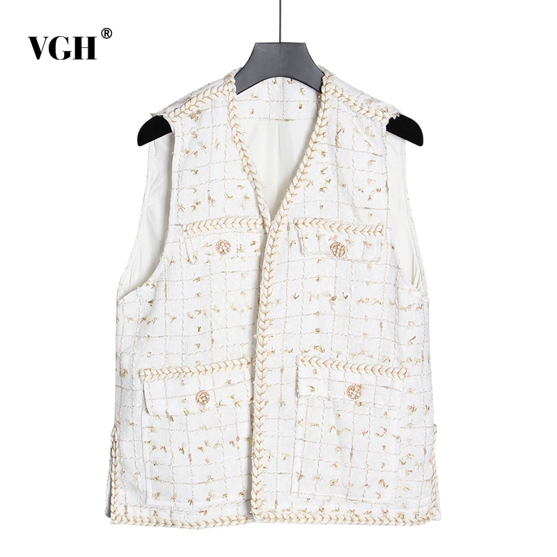 

VGH Summer Women's Vest Coat Clothes V Neck Off Shoulder Pocket Loose Big Size Plaid Print Vests Female Fashion New 2019 Vintage
