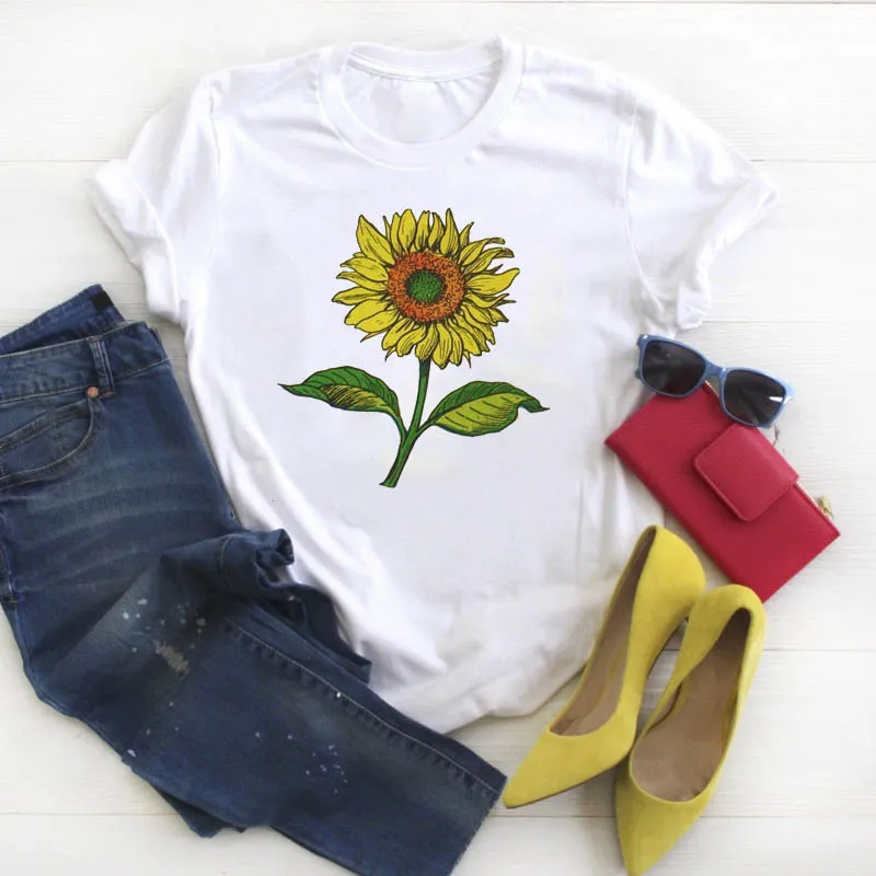 

Womens Clothes T-shirt Graphic Short Sleeve Wild Plant Sunflower Printed Tops T Shirt Women Shirt Ladies Female Tee