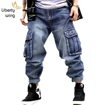 

Cool Mens Fashion Loose Retro Denim Jeans Pockets Trousers Street Boys Hip Hop Casual Baggy Pants Size 30-46