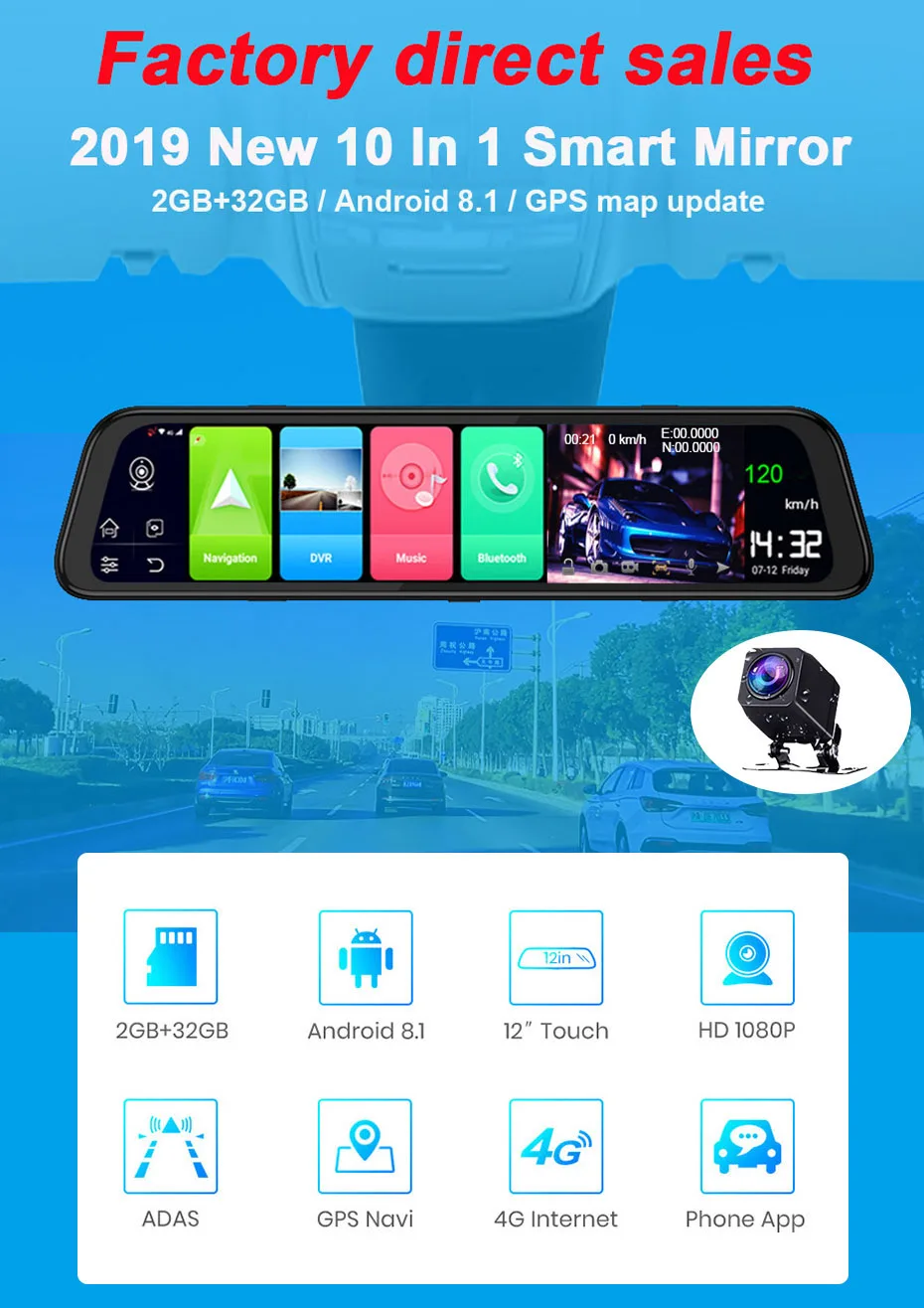 WHEXUNE 4G Android 8,1 Автомобильная dvr камера gps 12 дюймов зеркало заднего вида 2G ram+ 3 2G rom видеорегистратор