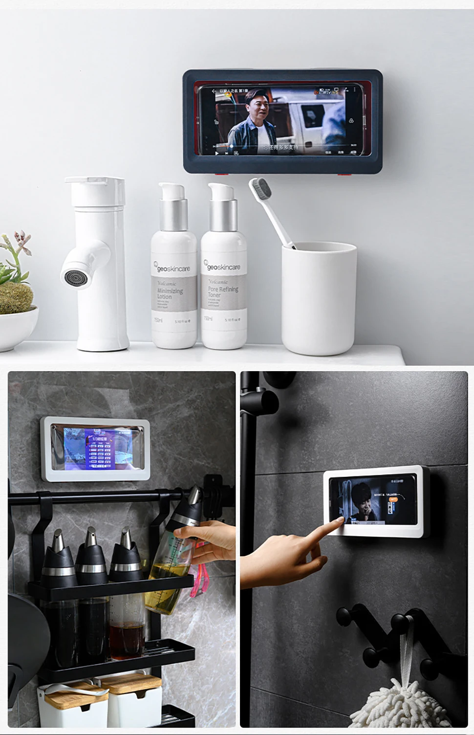 phone stands Phone Holder Bathroom Waterproof Home Wall iPhone Case Stand Box Self-adhesive Touch Screen Phone Shell Shower Sealing Storage iphone charging stand