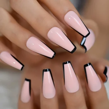 

Trapezoid French Nail Nude Pink Color False Nails Black Top Long Tapered Coffin Nail Art Tips Thick Reusable with Adhesive Tabs