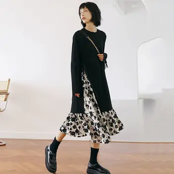 

loose Patchwork Women Dress Fashion Pleated Pullover 2020 Spring Drawstring Pullover False Two Piece Minority Dress DMY3433