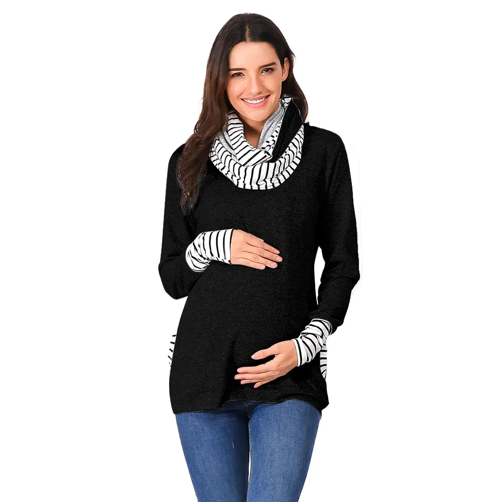 Maternity Blouse 2019Top New Maternity Nursing Striped Zip Scarf Long Sleeve Shirt Breastfeeding Tops For Breastfeeding Cover