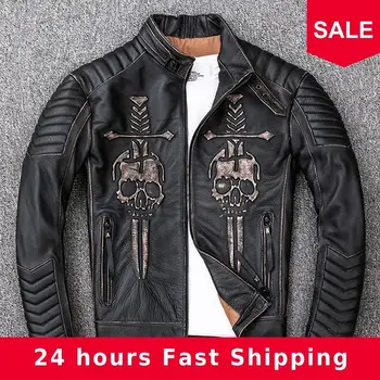

2020 Vintage Black Men Skulls Biker's Leather Jacket Stand Collar Genuine Cowhide Slim Fit Motorcycle Leather Coat