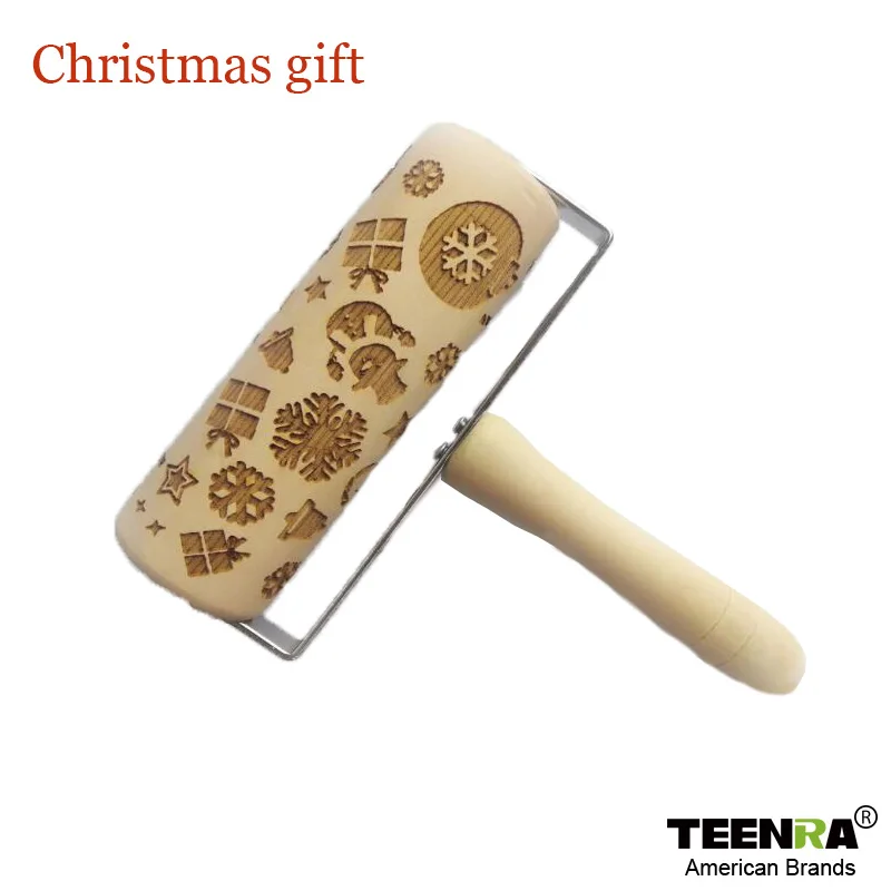 TEENRA Рождество тиснение Скалка дерево Скалка выпечки печенье, фондан, пирог тесто гравировкой Скалка Инструменты для выпечки - Цвет: Christmas gift
