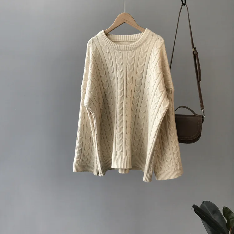 creamy-white Neploe Autumn Solid Bottom Knit Student Sweater O Neck Cross Twist Pullovers Simple Wild Thick Pull Femme Hiver 45872 - Цвет: creamy-white
