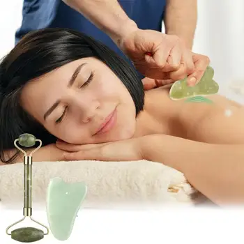 

Green Roller and Gua Sha Tools Set by Natural Jade Scraper Back Massager with and Stones Jawline For Face Neck C0F7