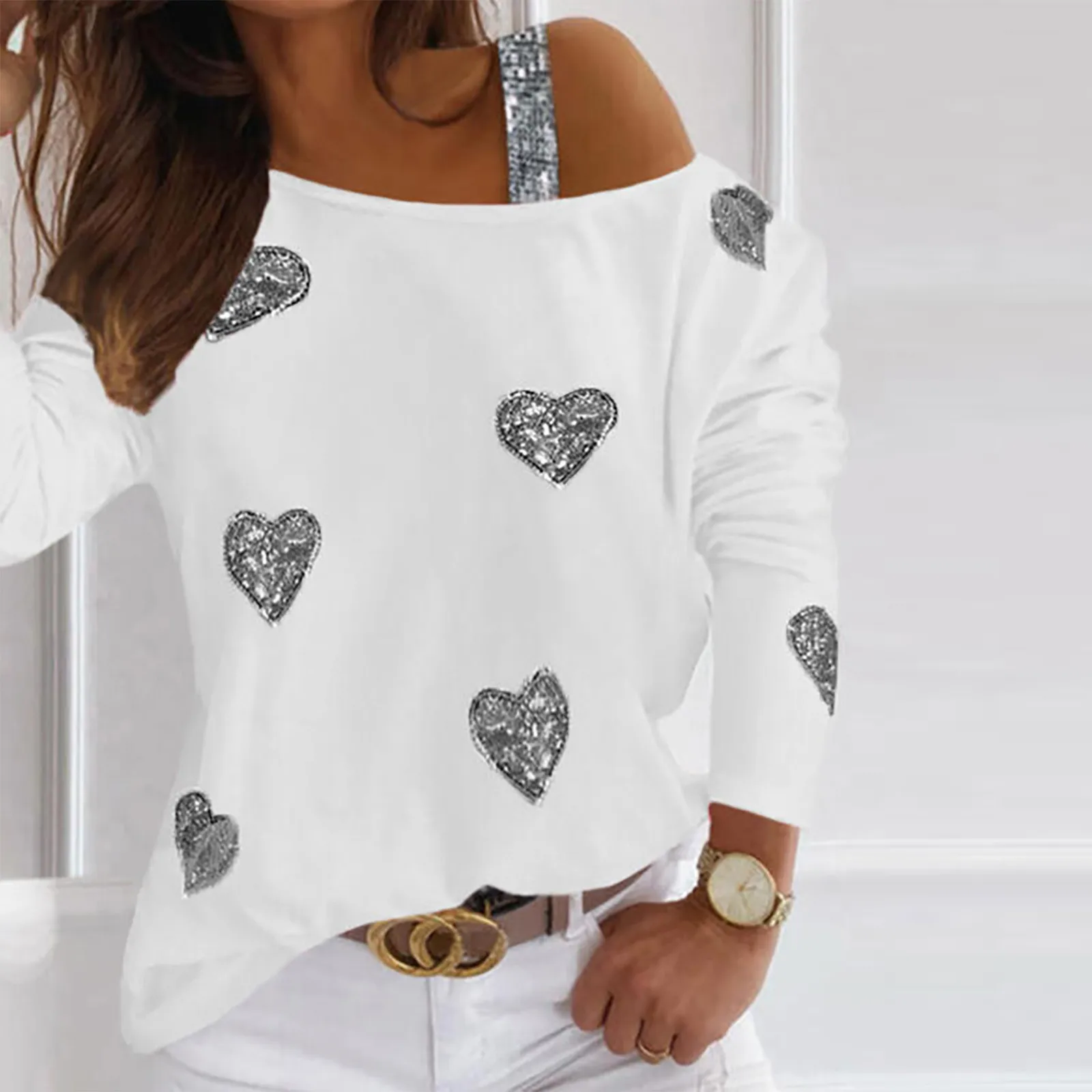 WinterFashionWomanLongSleeveOversizedTshirtPrintLooseShoulder