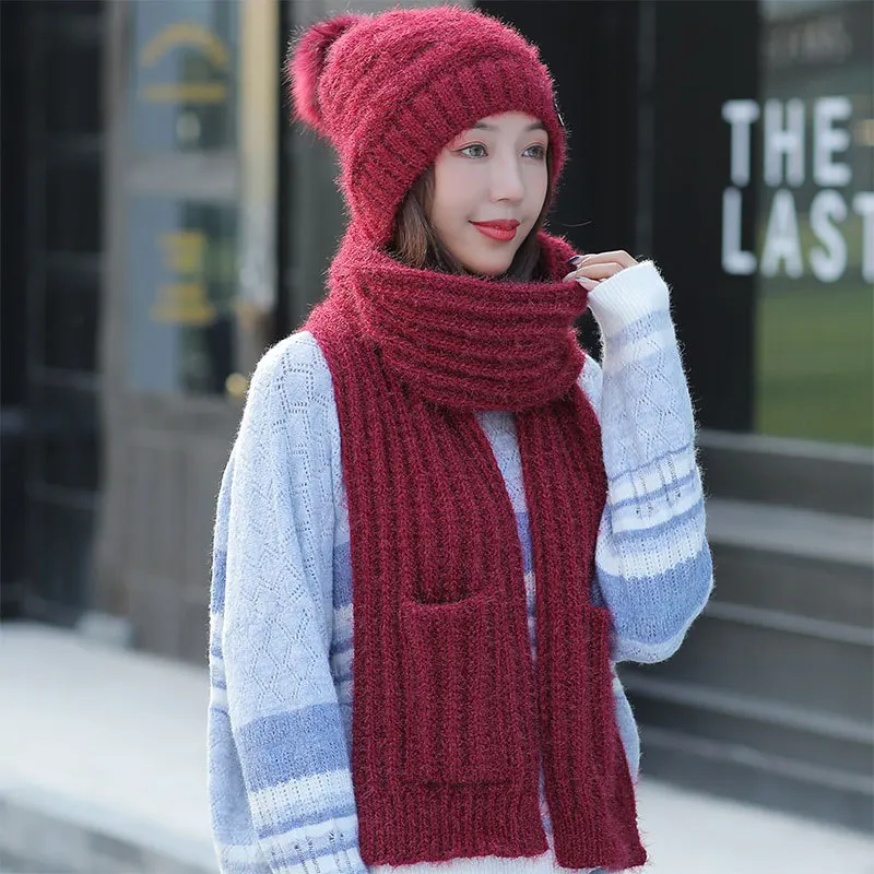 Женская шапка шарф набор одна шерстяная шапка женская зимняя Корейская версия дикого вязаного шарфа шапка женская защита ушей теплая утолщенная - Цвет: wine red