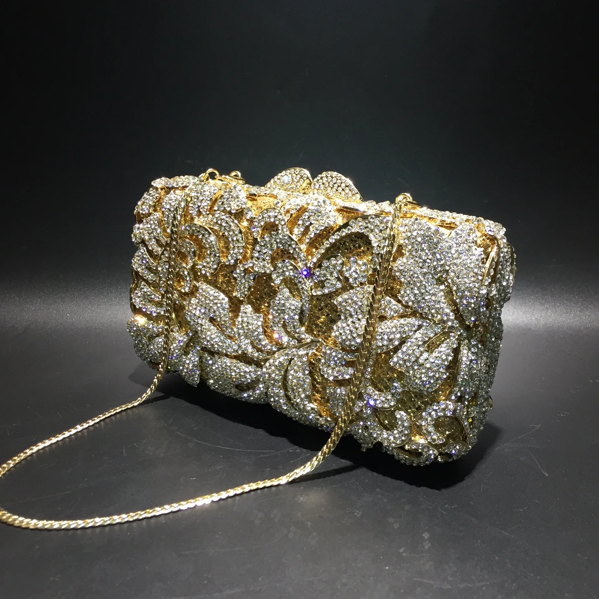 Gold Clutch Purses for Women Evening, Diamond Wedding Clutch Crossbody Shoulder Bag with Crystal, Sequin Formal Flower Rhinestone Handbag for Party