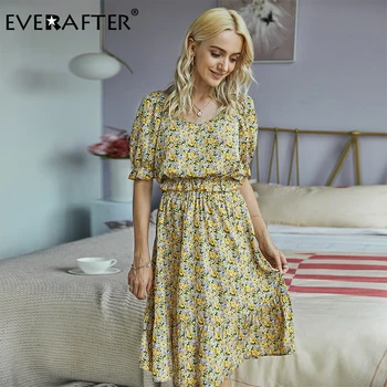 

EVERAFTER Floral print two piece set dress women square collar ruffles summer crop top and long skirt lady elegant 2 piece suit