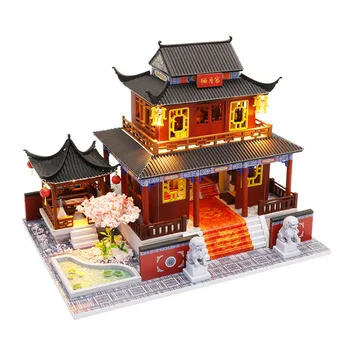 

Chinese Building House Model Miniature Dollhouse Furniture Led Lights Accessories 3D Wooden Puzzle Toy Children Christmas Gift