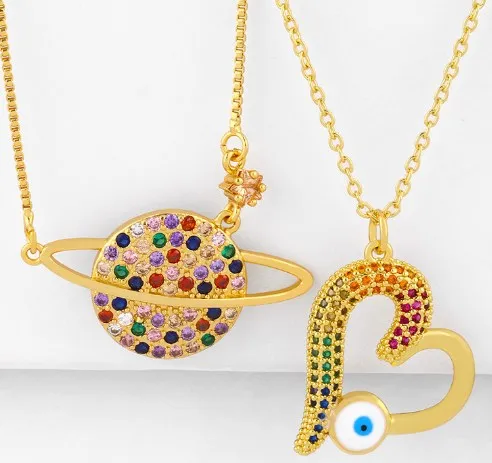 heart eye multicolor micro pave cz zircon cubic zirconia necklace copper Clavicle gold plated Snake Chain Choker Pendant erf23 | Украшения