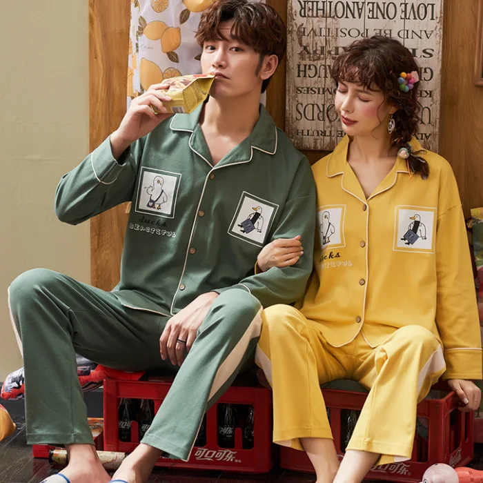 

Couples Pajamas WOMEN'S Long Sleeve Spring And Autumn Youth Fold-down Collar Cartoon Printed Cardigan Autumn And Winter Men Home