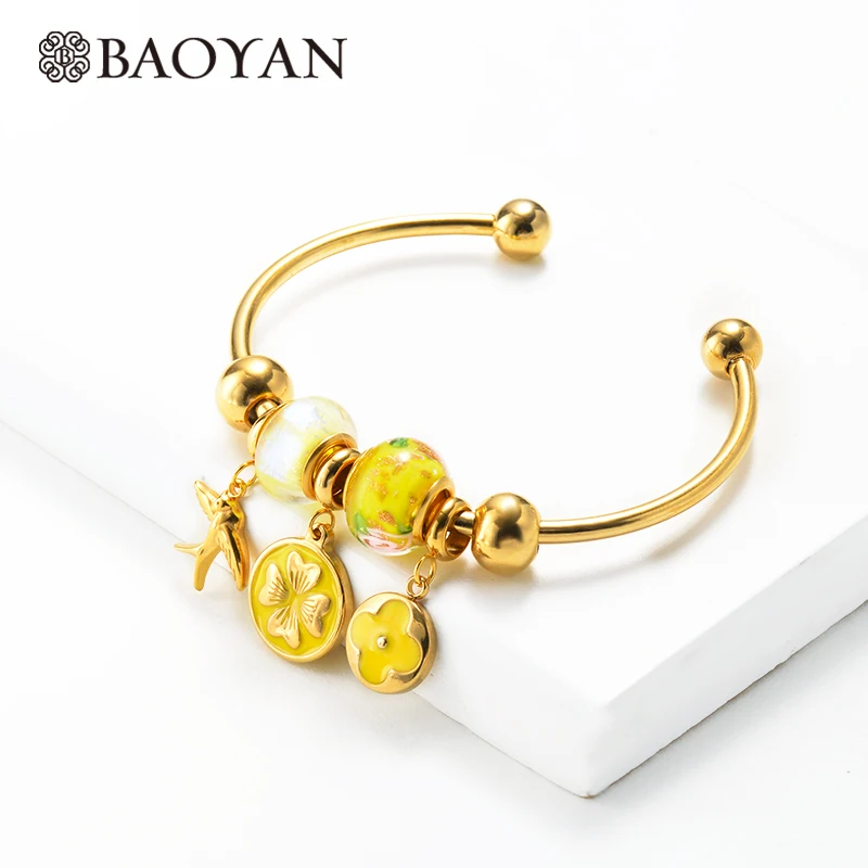 Baoyan, ручной работы, эмалированный браслет, позолота, нержавеющая сталь, открытые манжеты, браслеты, слон, сова, дерево, очаровательные браслеты для женщин - Окраска металла: SSBTG142-14613