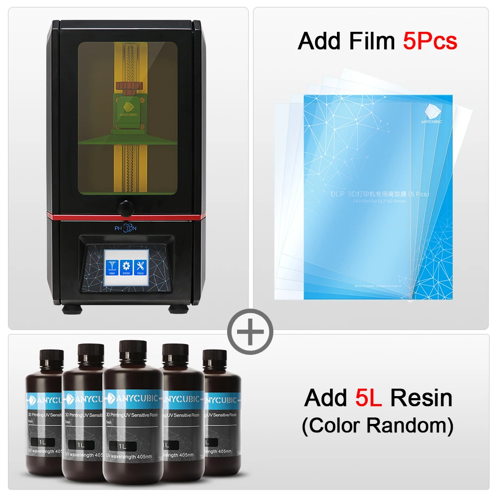 ANYCUBIC 3d принтер Фотон SLA УФ Смола свет-Cure Настольный Impresora 405nm Смола плюс размер печати 3d Drucker дешево - Цвет: Photon Add 5L 5 Film