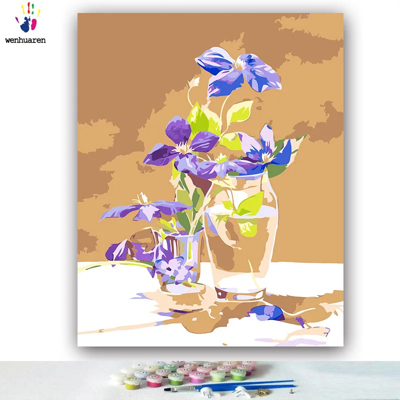 DIY картинки для раскраски по номерам с цветами синий цветок гибискуса акварельная картина Рисование Живопись по номерам в рамке дома