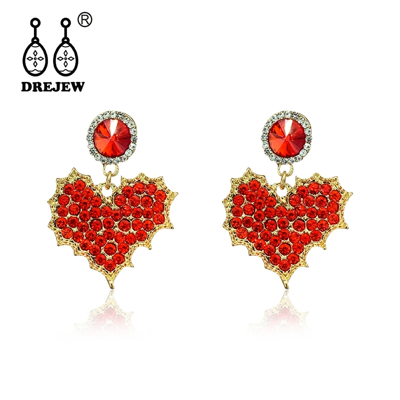 

DREJEW Luxury Heart Rhinestone Statement Dangle Earrings Korean Red Green Blue Gold Purple Alloy Drop Earrings for Women XE877