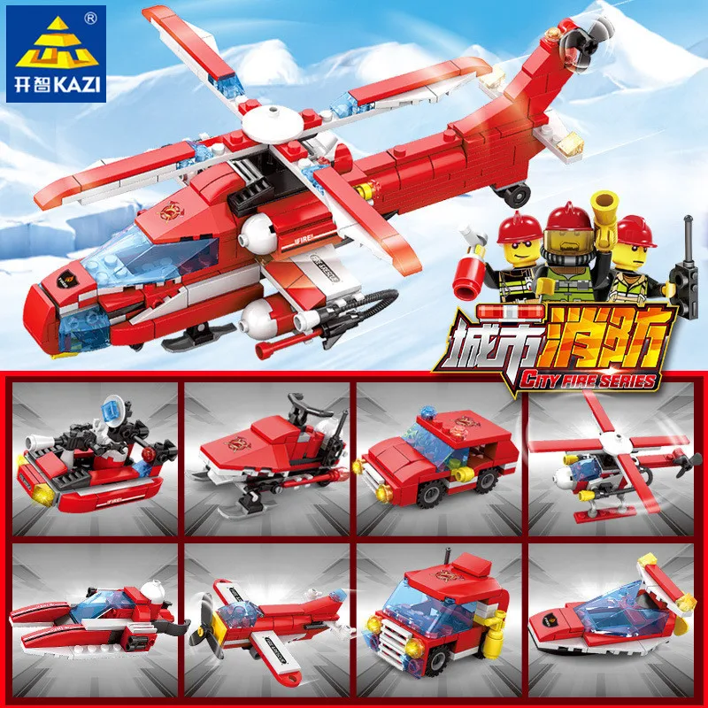 

8Pcs/lot City Fire Building Blocks Sets Firefighter Urban Helicopter Model LegoINGLs Technic Brinquedos Bricks Toys for Children