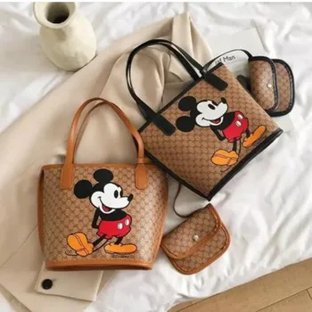 

2pcs Disney mickey mouse shoulder bag + cosmeitc bag lady pu minnie handbag Small tote bag coin bag card holder