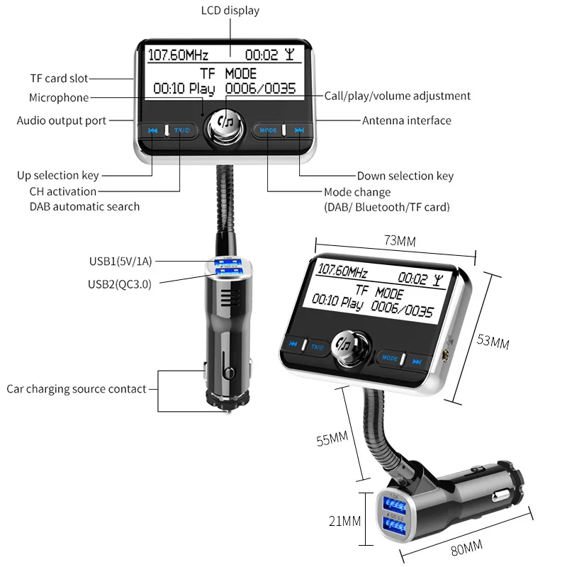 Jilang автомобильный DAB+ цифровое радио в автомобиле с fm-передатчиком AUX Bluetooth Hands-Free Kit цифровое аудио вещание USB QC3.0 зарядное устройство