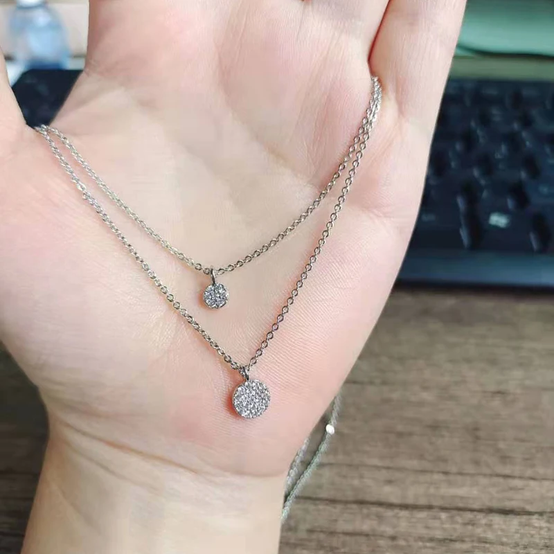 925 Sterling Silver Double Layer Necklace Full Zircon Round Pendants for Women
