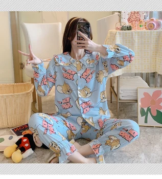 

2020 mouse cartoon pajamas female autumn long-sleeved trousers cotton trousers pajamas printed cardigan doll collar home service