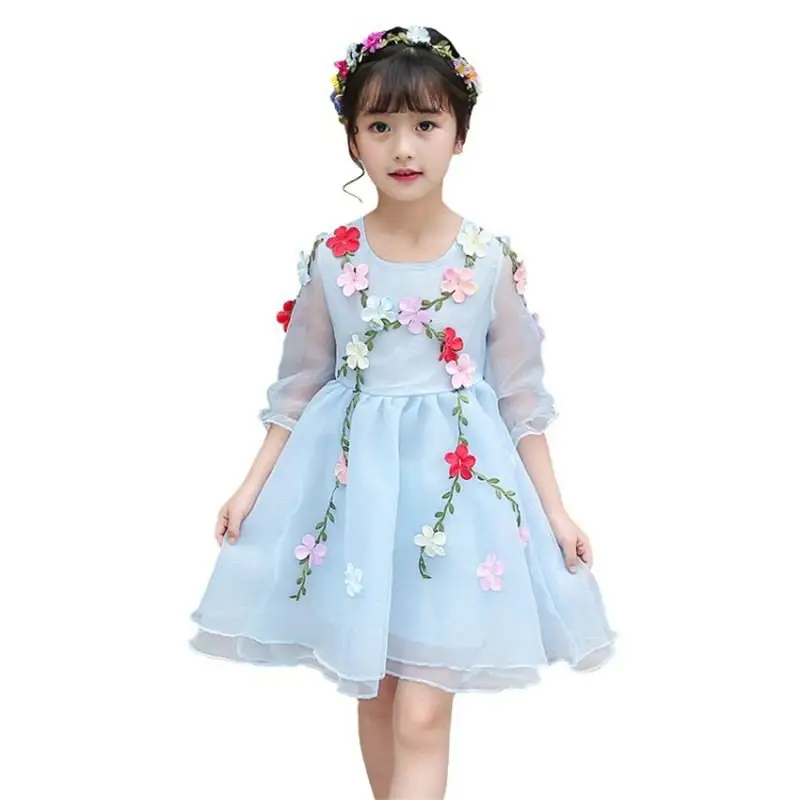 

2021 New Summer Kids Girl Party Birthday Wedding Princess Dress Teenager Girl Flower Mesh Dress Baby Girl Petal Sleeve Dress H01