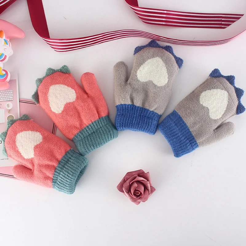 2 Слои утепленные детские варежки Зимние теплые митенки вязаные перчатки без