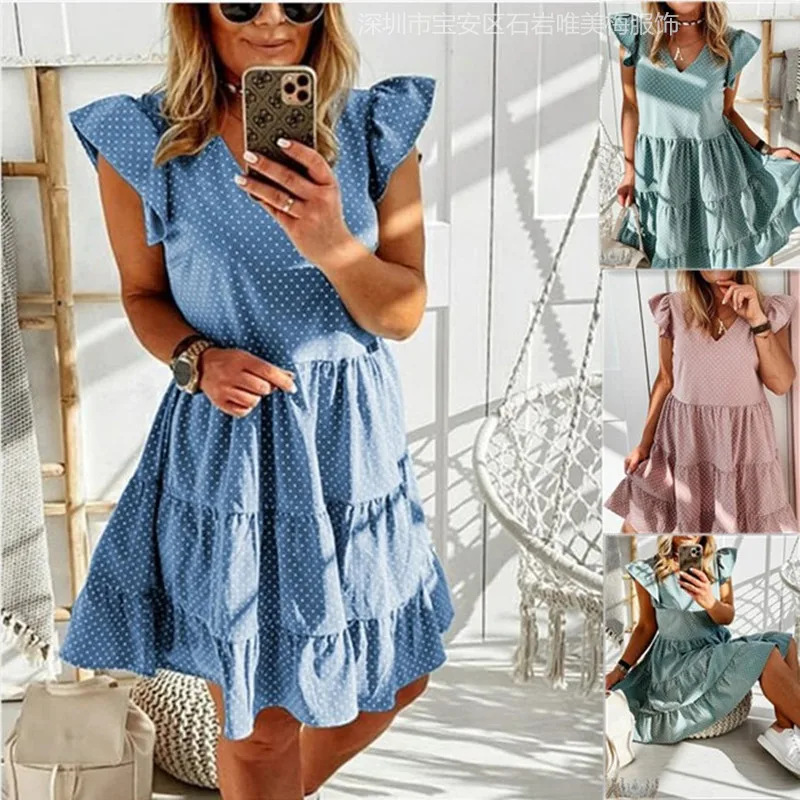 

2020 Women New Summer dress Casual Ruffles Sleeves V-neck Dot Boho Party Elegant Mini Dresses Fashion Vestidos