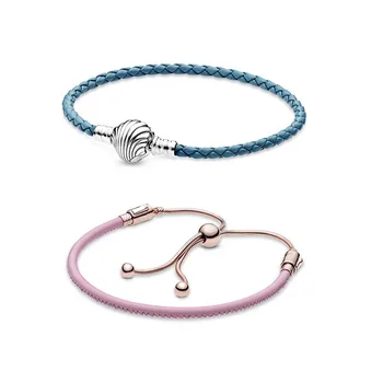 

High Quality Original 925 Sterling Silver Moments Charm Pink Leather Slider Seashell Jewelry Clasp Leather Bracelet Woman Gift
