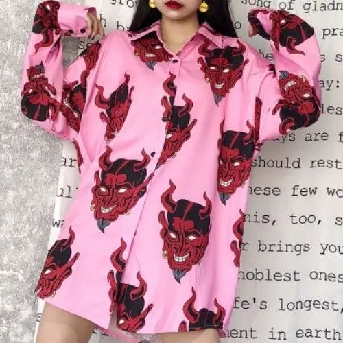 Harajuku рубашка Blusas плюс размер 3XL Ulzzang длинный рукав женская блузка Весна Осень Свободный дьявол в готическом стиле печати блузки женские s Топы - Цвет: shirt women