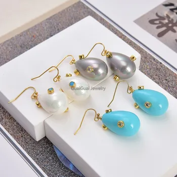 

GG Jewelry Teardrop Grey White Blue Sea Shell Pearl Cz Pave Hook Earrings