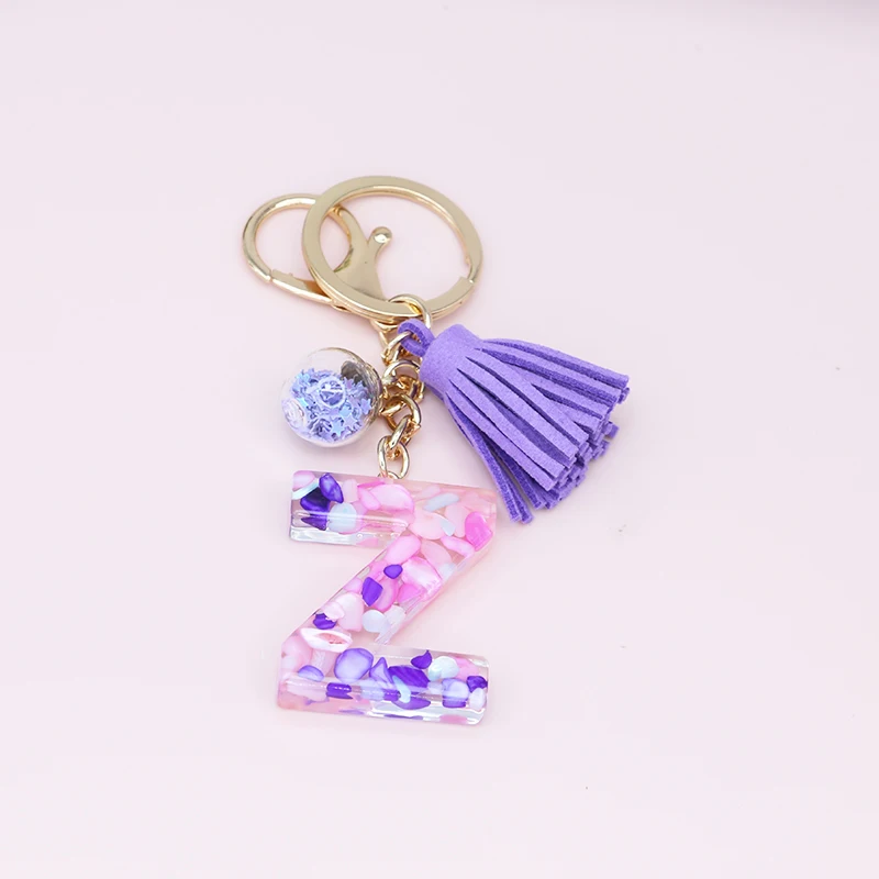 Cute Creative Letter Alphabet Crystal Arylic Liquid Keychain Women Key Chains Ring Car Bag Tassels Pendent Charm Gift Accessory