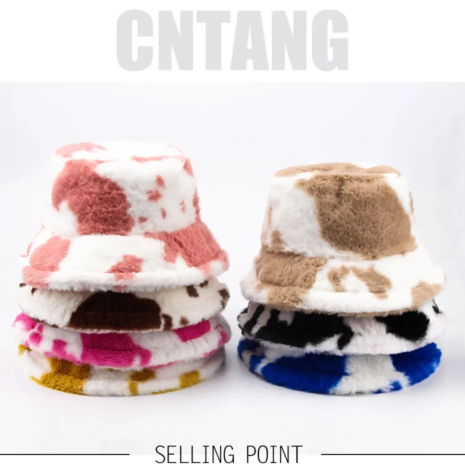 CNTANG New 2021 Women Bucket Hat Autumn And Winter Warm Cow Print Plush Fashion Panama Casual Hats For Ladies Fisherman Caps custom bucket hats