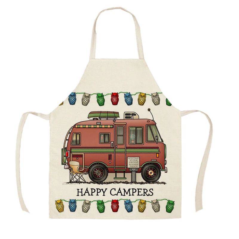 1Pcs Kitchen Apron Sketch Campers Car Printed Sleeveless Cotton Linen Aprons for Men Women Home Cleaning Tools WQ358