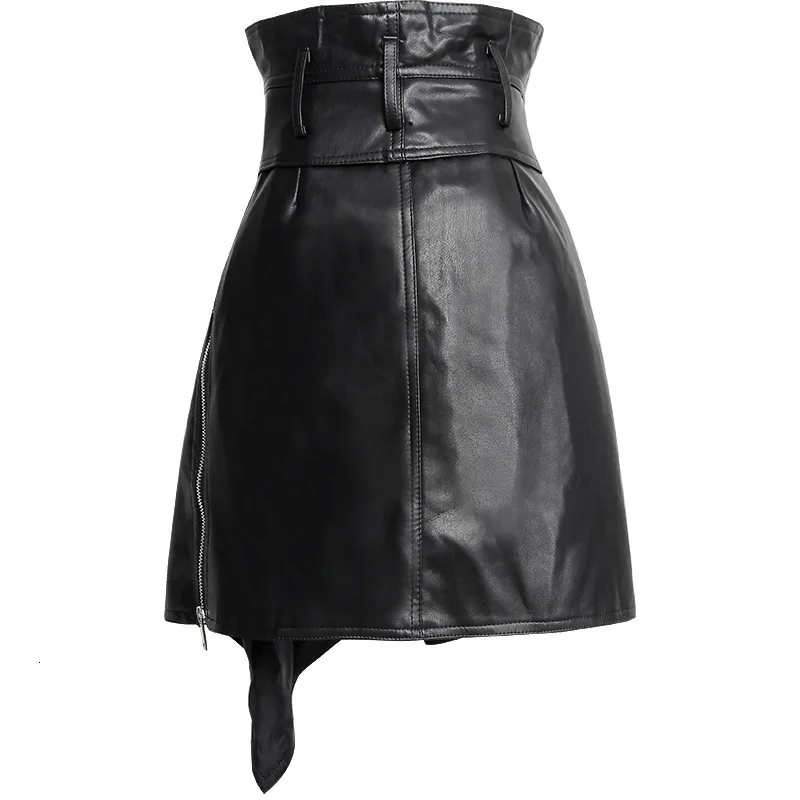 XUXI New Spring Summer Fashion Pu Leather High Waist Sashes Spliced Irregular Half-body Temperament Women Skirt FZ0047
