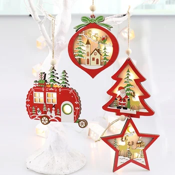 

4 PCS Christmas Painted Tree Pendant Xmas Wooden Ornaments LED Hanging Decor for Holiday Xmas Party Home Decoration