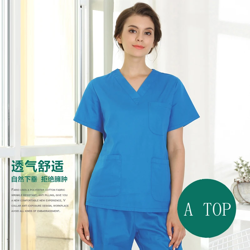 blue top Размер штекера, S-4XL, медицинская униформа, больница, доктор, короткий рукав, скраб, набор, стоматологическая клиника, красота, рабочая одежда, хлопок, для кормления, топ, штаны - Цвет: blue top