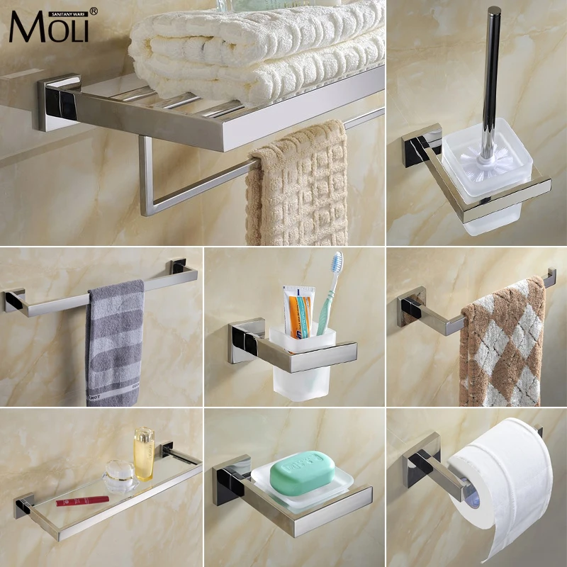 304 Stainless Steel Bathroom Hardware Set Accessories Chrome Robe Hook Towel Rail Bar Rack Bar Shelf Paper Holder ML8100