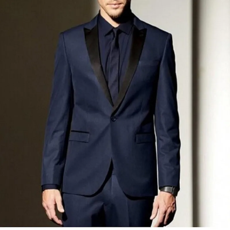 

High Quality One Button Navy Blue Groom Tuxedos Groomsmen tuxedo jacket men Wedding Prom Suits Bridegroom (Jacket+Pants+Tie)