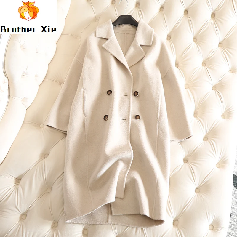 

Last Cheapest Few Pcs 100% Wool Good Quality Wool Coats Lady New Belt Plaid Overcoat Long For Women Double Breasted Back Belt